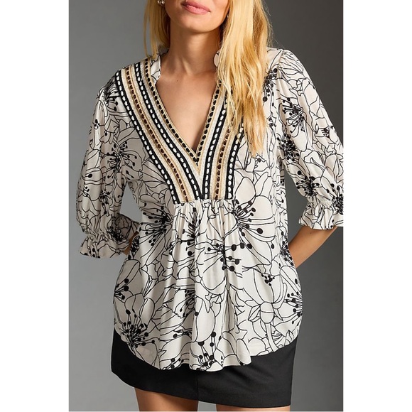 Anthropologie Bl-nk Stephanie Puff Sleeve Floral Embroidered Blouse Top White M - Picture 1 of 8